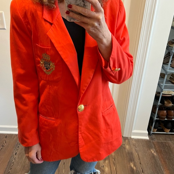 Vintage Jackets & Blazers - Vintage bright orange oversize blazer gold accents preppy patch logo

Size large